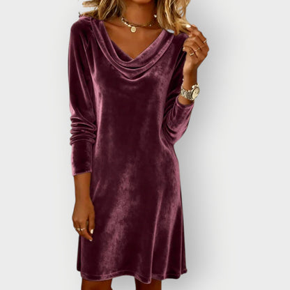 Elegant drape neck velvet evening dress with flowing silhouette for women | Kathleen