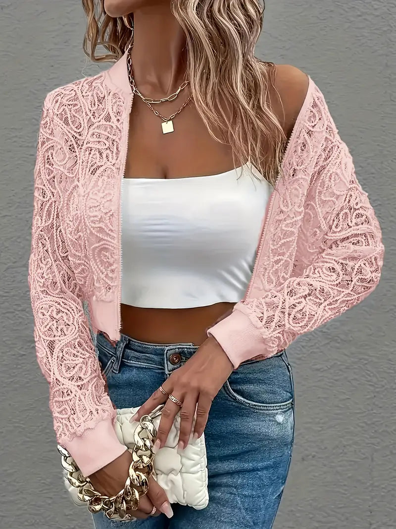 Cropped lace embroidered bomber jacket with ribbed trim for women | Elowen