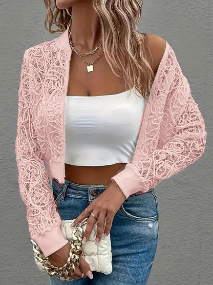 Cropped lace embroidered bomber jacket with ribbed trim for women | Elowen