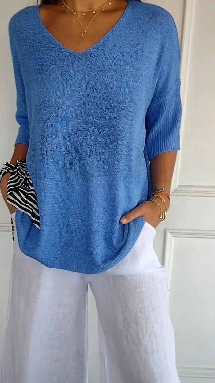V-neck lightweight knit top with three-quarter sleeves for women | Maren