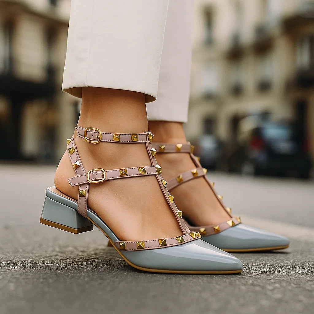 Studded Ankle Strap Block Heel Pumps for women | Calista