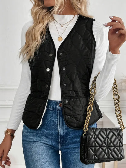 Quilted bomber vest with snap button front detail for women | Pique