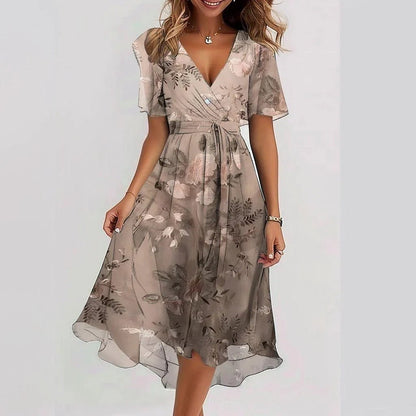 Floral chiffon midi dress with flutter sleeves for women | Elara