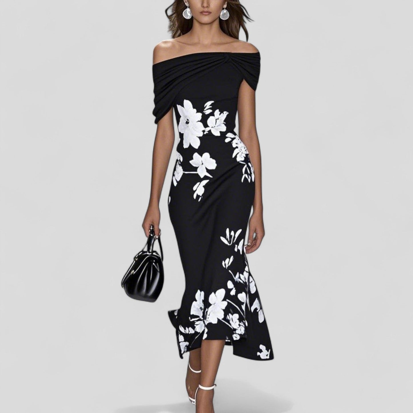 Elegant Printed Midi Dress Flowing Silhouette for women | Elara