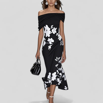 Elegant Printed Midi Dress Flowing Silhouette for women | Elara