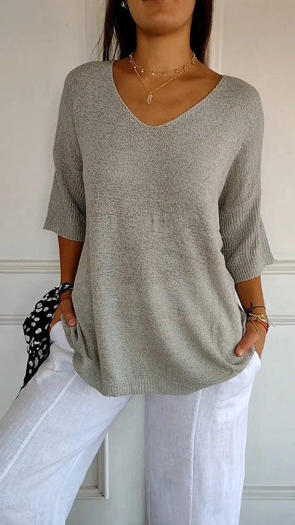 V-neck lightweight knit top with three-quarter sleeves for women | Maren