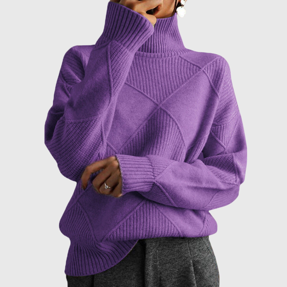 Geometric pattern turtleneck sweater with relaxed silhouette for women | Angela