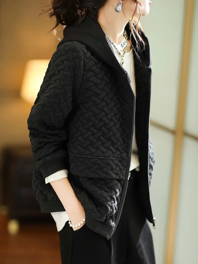 Quilted zip up hoodie with basketweave textured design for women | Mirelle