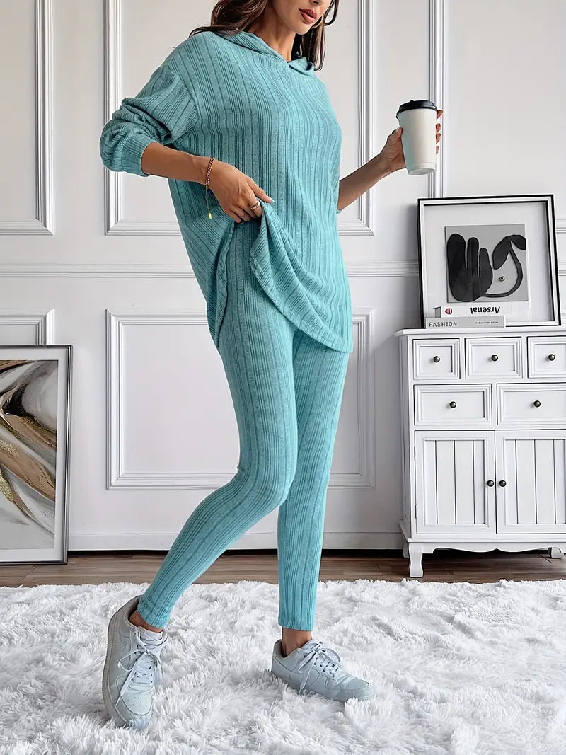 Ribbed knit lounge set with hooded top and high waist leggings for women | Camden