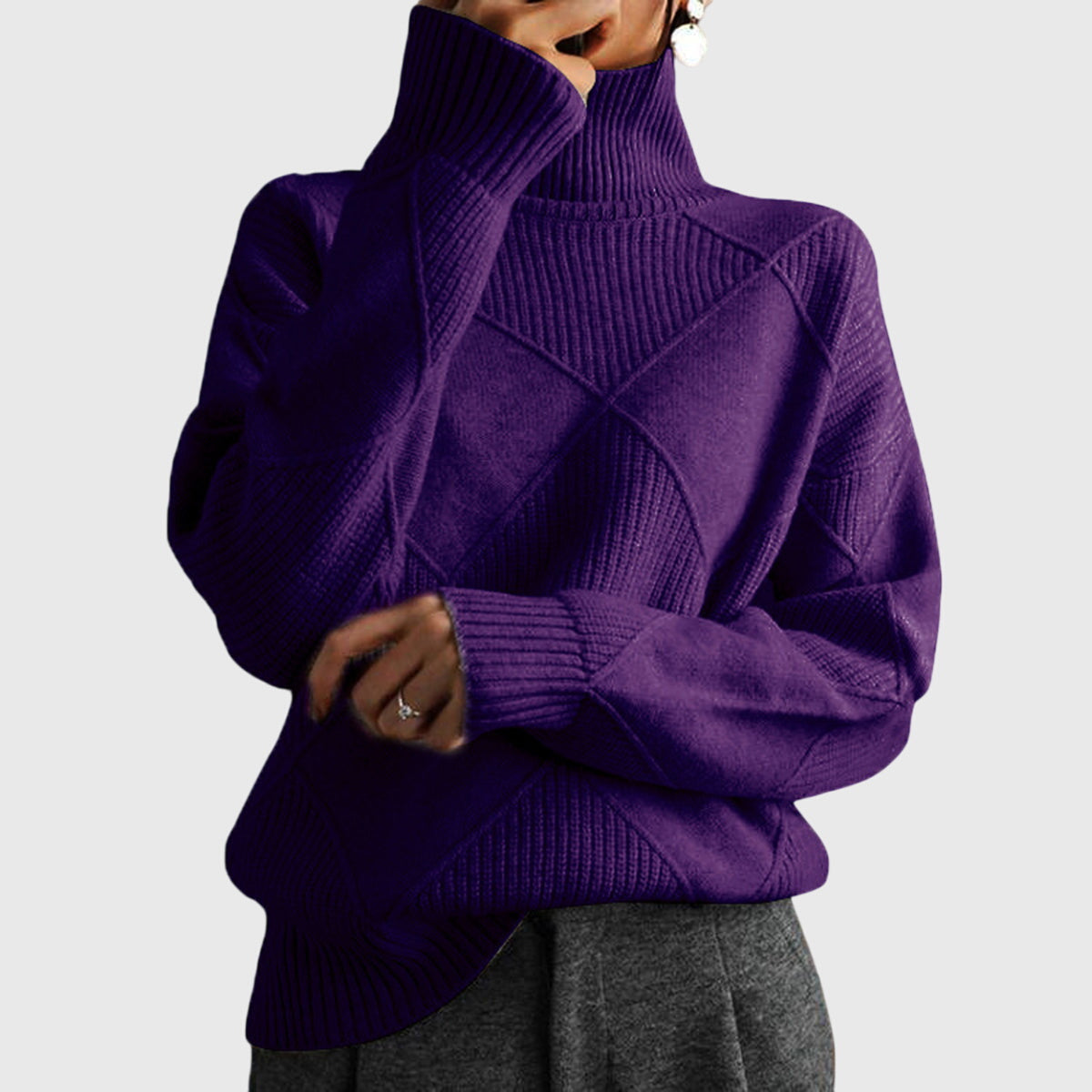 Geometric pattern turtleneck sweater with relaxed silhouette for women | Angela