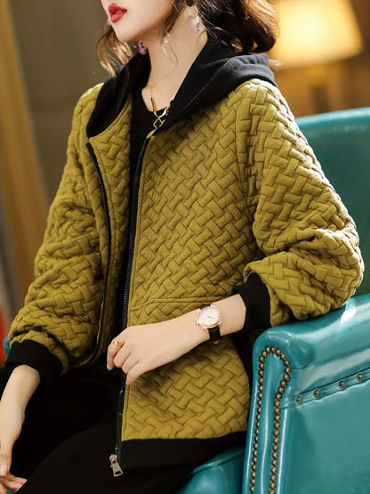 Quilted zip up hoodie with basketweave textured design for women | Mirelle
