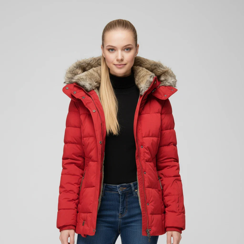 Hooded quilted puffer jacket with fitted silhouette design for women | Aurora