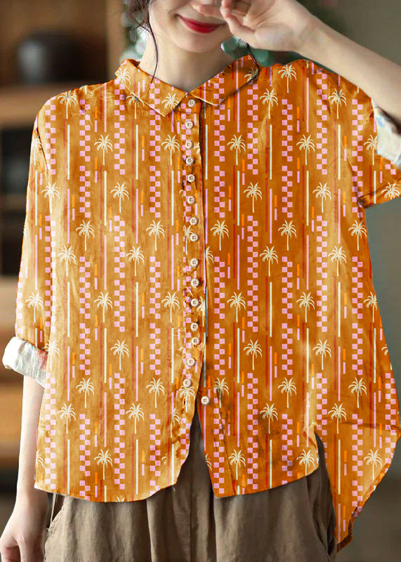 Peter-pan collar print cotton blouse for women -7