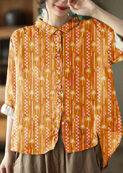 Peter-pan collar print cotton blouse for women -7