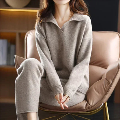 Relaxed two piece lounge set with polished collar detail for women | Clairmont