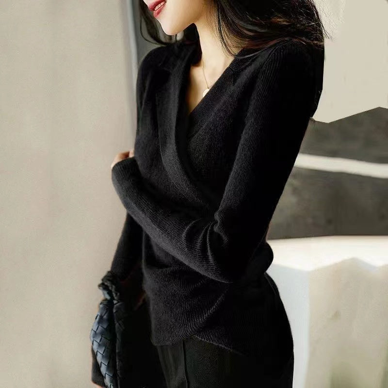 Slim-fit Peter Pan collar asymmetric sweater for women -7