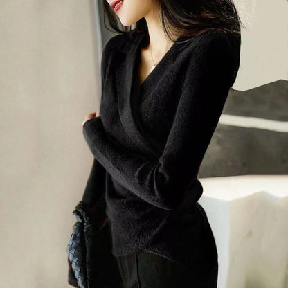 Slim-fit Peter Pan collar asymmetric sweater for women -7
