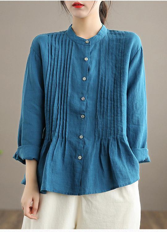 Relaxed stand-collar linen tunic blouse for women -3
