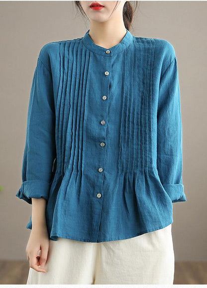 Relaxed stand-collar linen tunic blouse for women -3