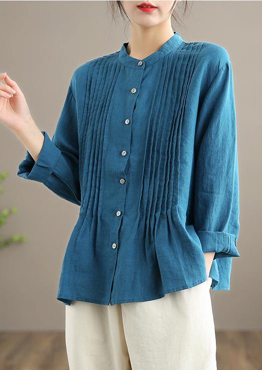 Relaxed stand-collar linen tunic blouse for women -7