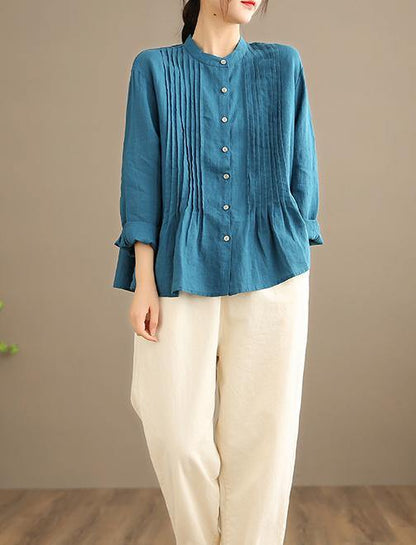 Relaxed stand-collar linen tunic blouse for women -6