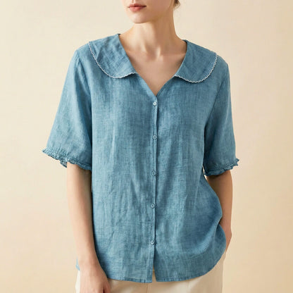 Elegant scalloped collar linen blouse for women | Clara -2