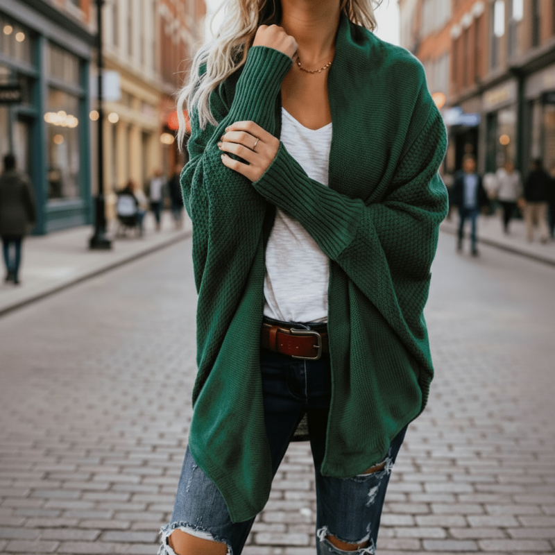 Relaxed batwing open-front knit cardigan for women -8
