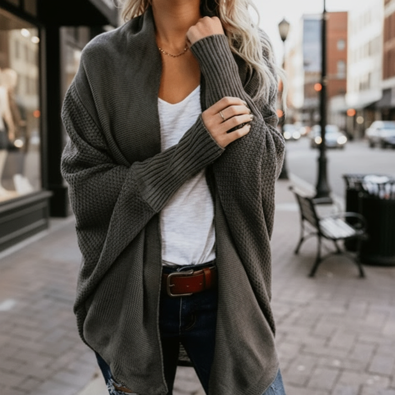 Relaxed batwing open-front knit cardigan for women -3