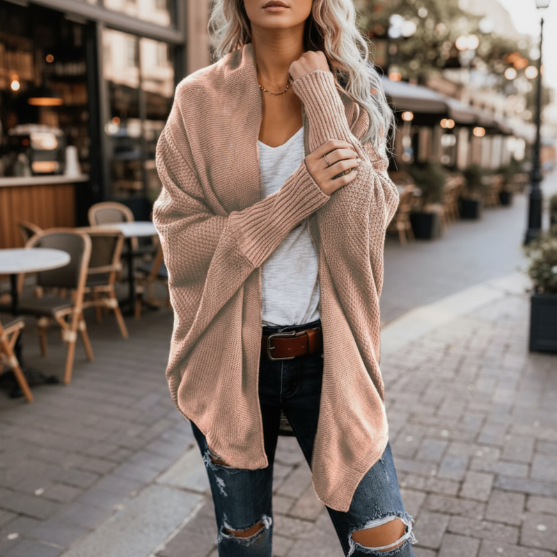 Relaxed batwing open-front knit cardigan for women -5
