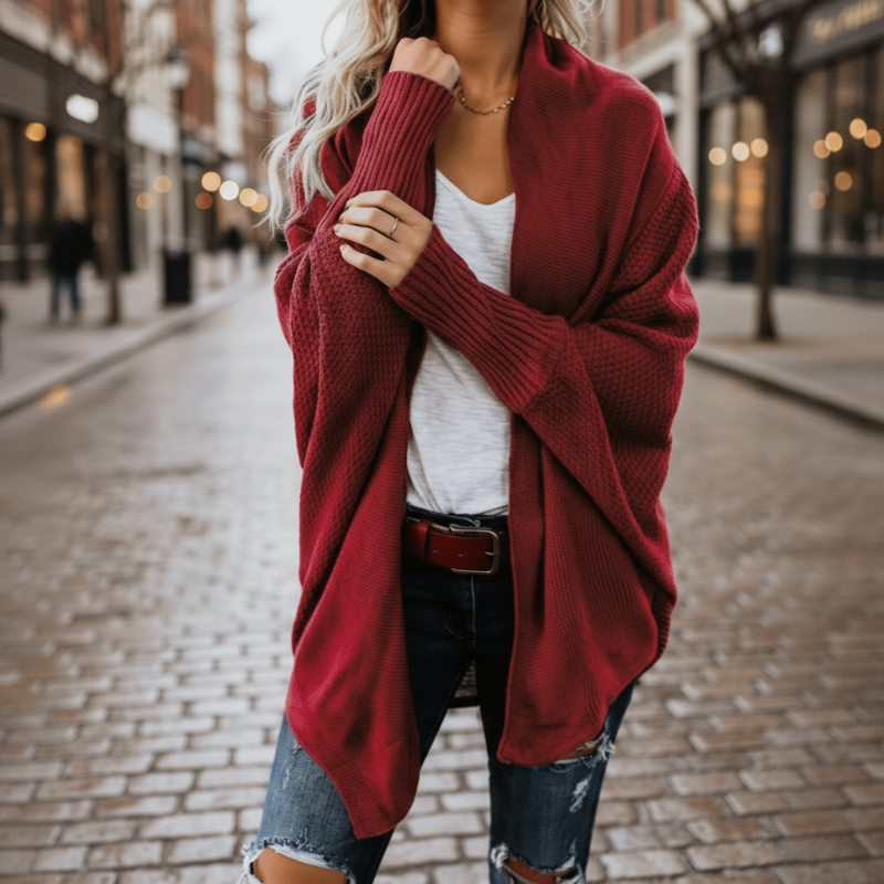 Relaxed batwing open-front knit cardigan for women -4