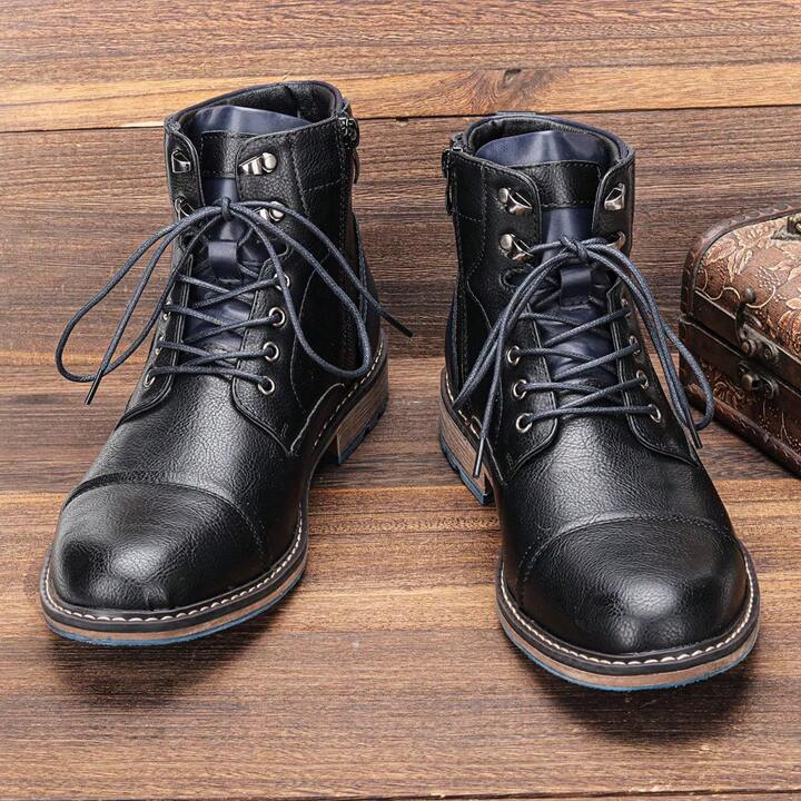 Heritage lace up boots with side zipper and contrast heel detail for men | Bordeaux