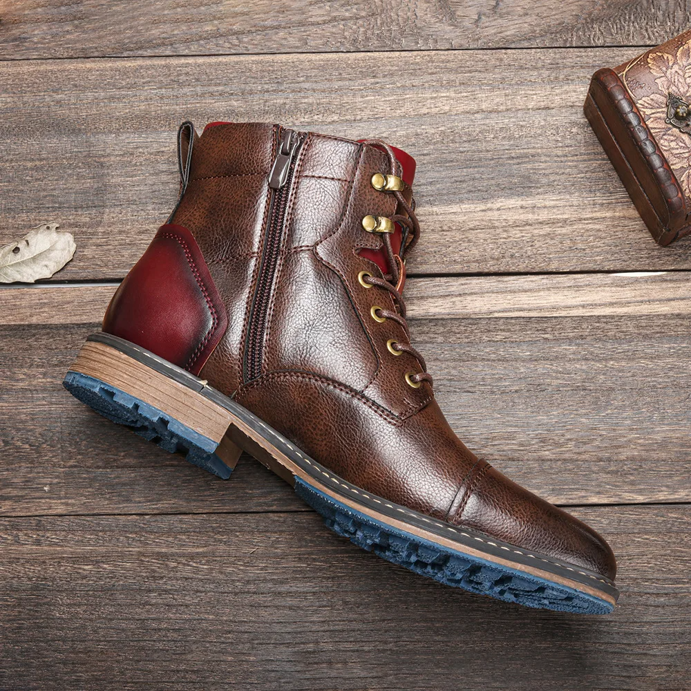 Heritage lace up boots with side zipper and contrast heel detail for men | Bordeaux
