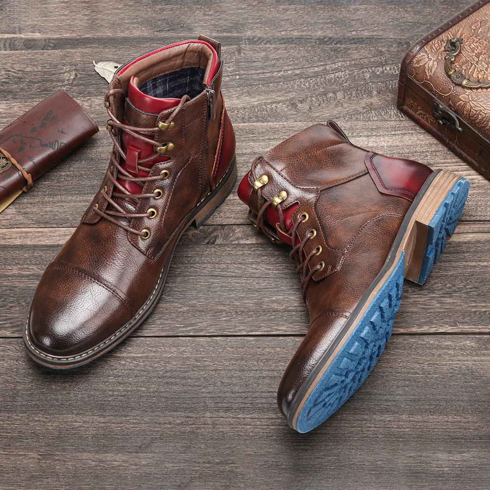 Heritage lace up boots with side zipper and contrast heel detail for men | Bordeaux