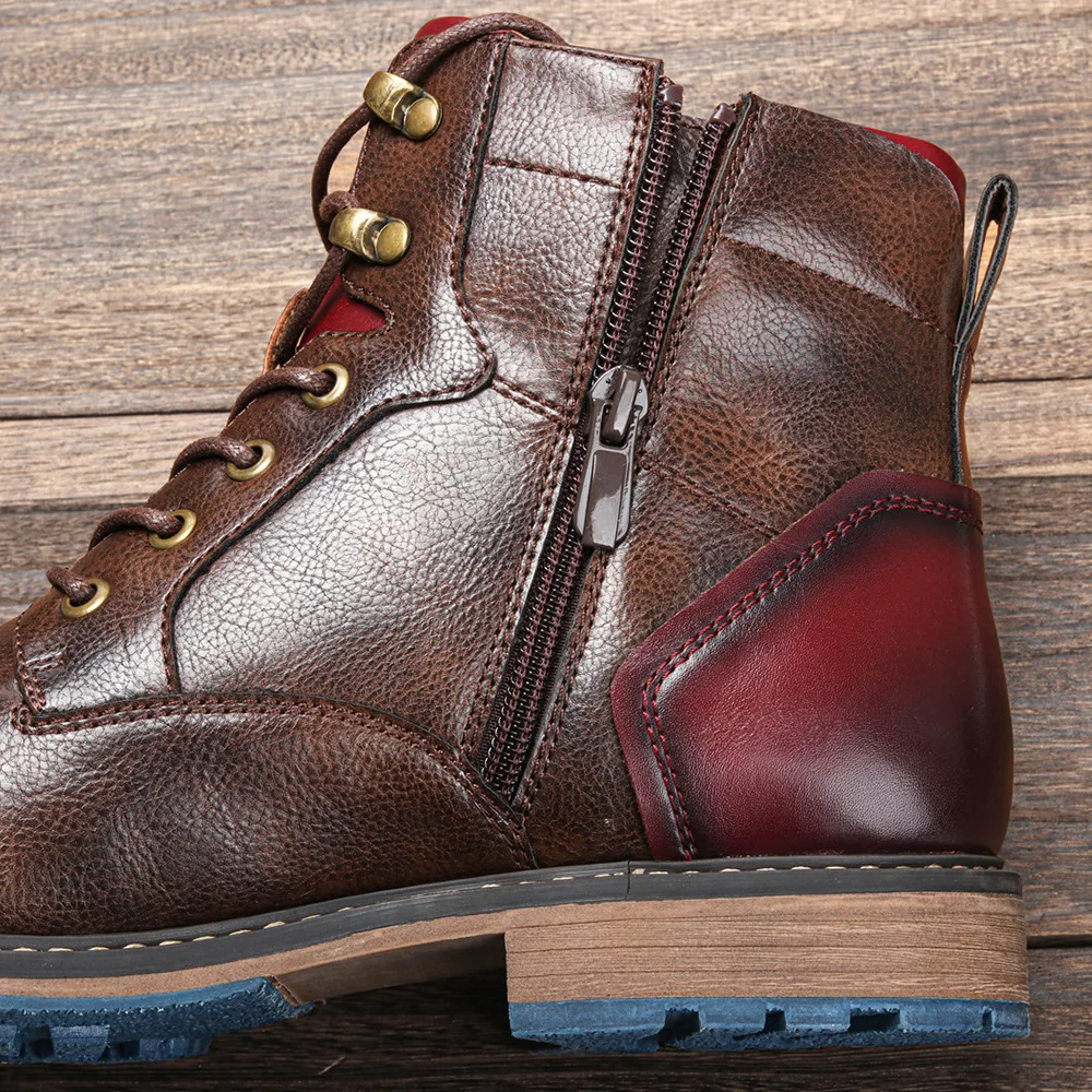 Heritage lace up boots with side zipper and contrast heel detail for men | Bordeaux