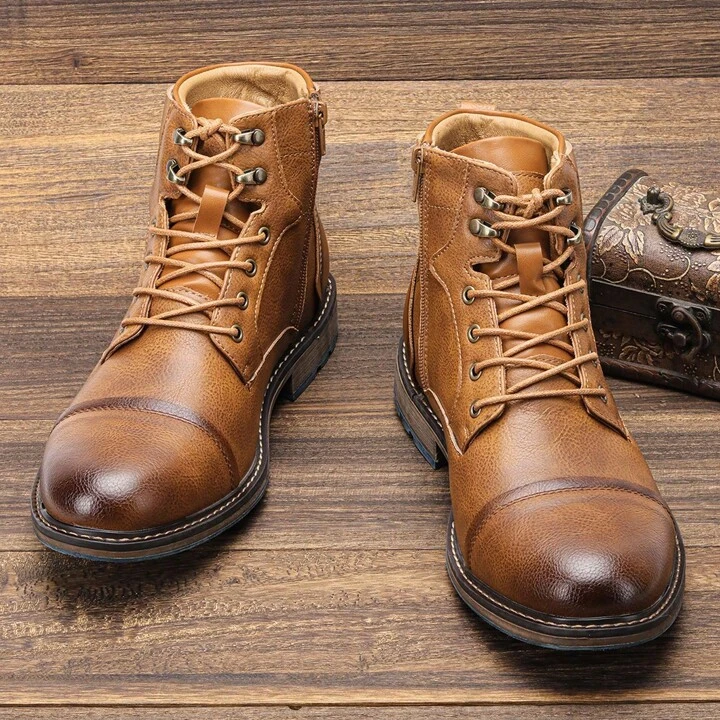Heritage lace up boots with side zipper and contrast heel detail for men | Bordeaux