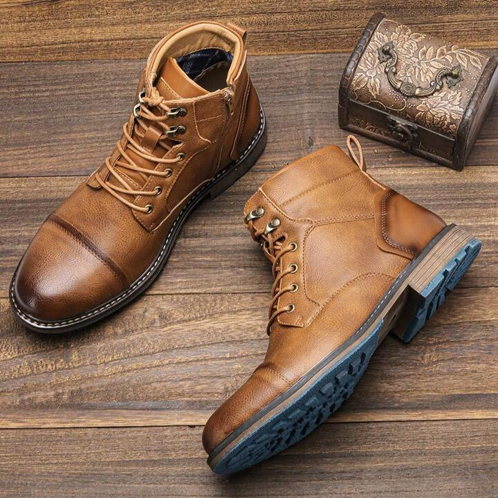 Heritage lace up boots with side zipper and contrast heel detail for men | Bordeaux