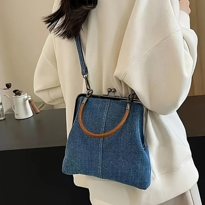 Frame top denim shoulder bag with structured silhouette design for women | Denim Theory