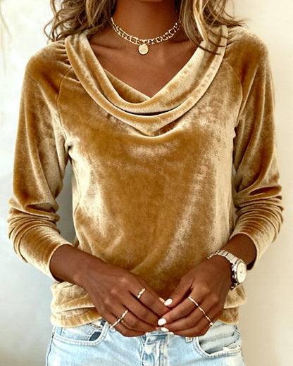 Elegant velvet drape neck top with relaxed fit for women | Margaret