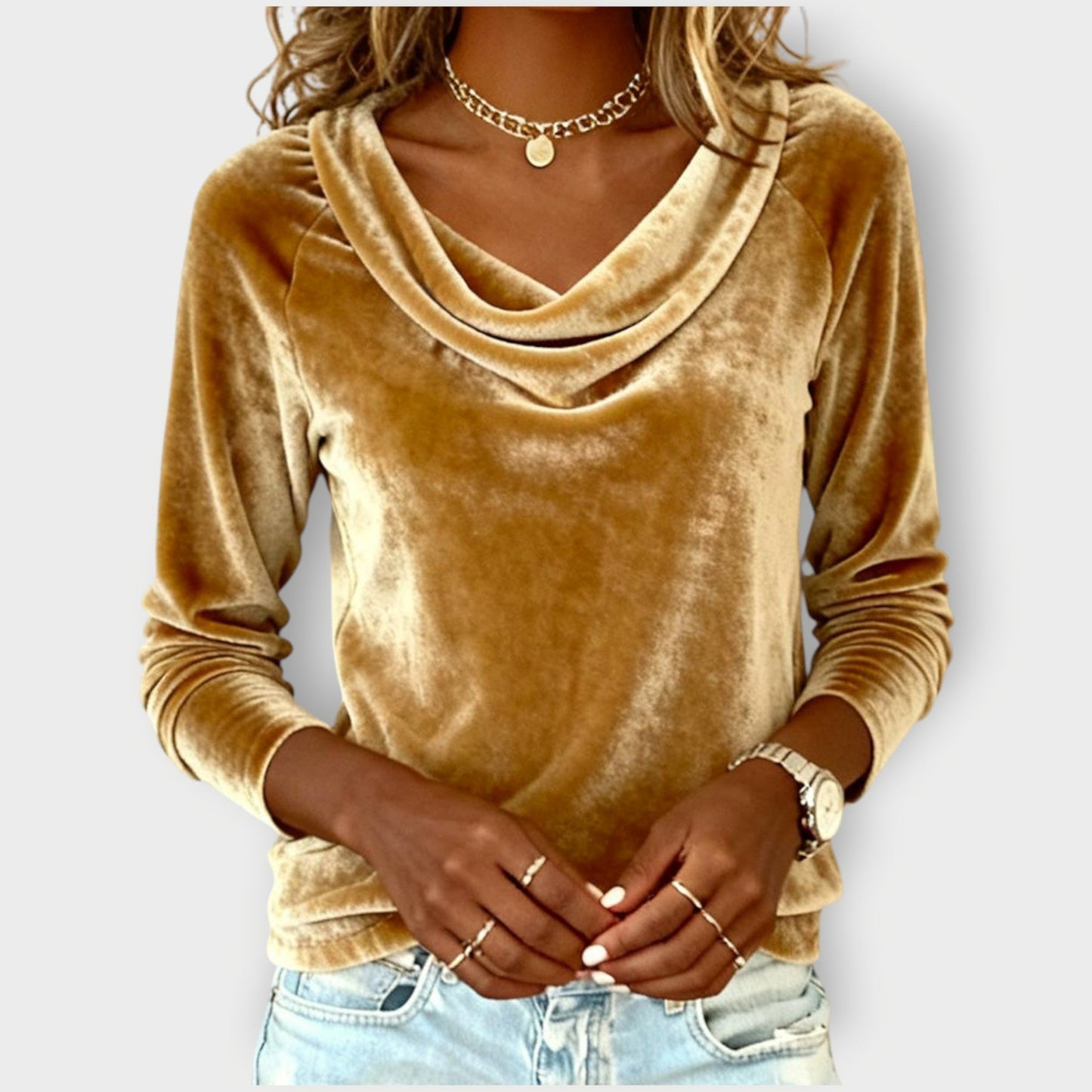Elegant velvet drape neck top with relaxed silhouette for women | Margaret