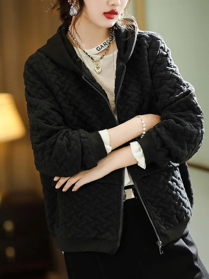 Quilted zip up hoodie with basketweave textured design for women | Mirelle
