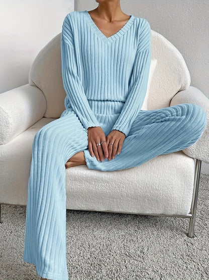 Ribbed knit lounge set with V neck top and wide leg pants for women | Chill