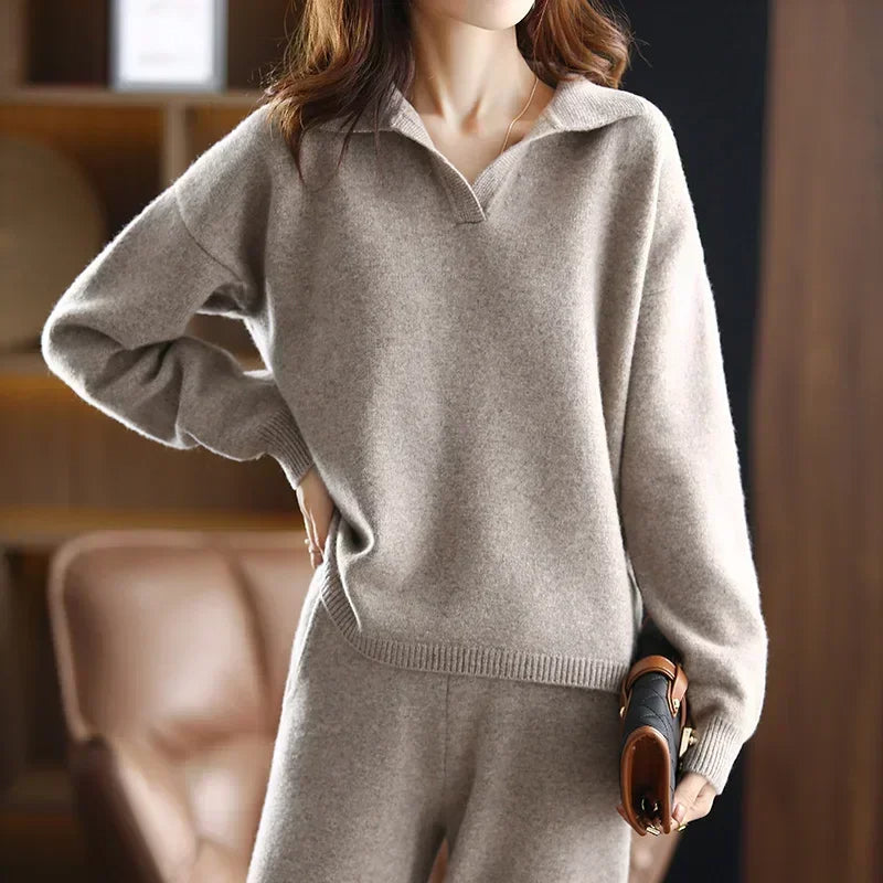 Relaxed two piece lounge set with polished collar detail for women | Clairmont