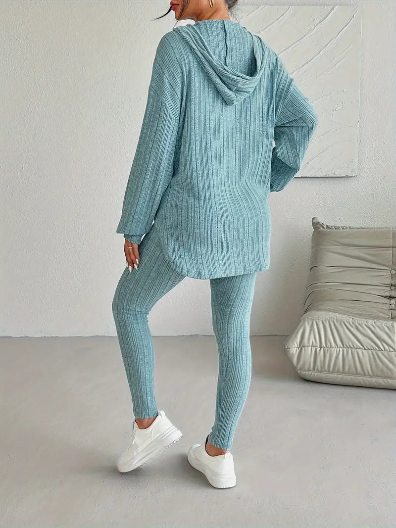 Ribbed knit lounge set with hooded top and high waist leggings for women | Camden