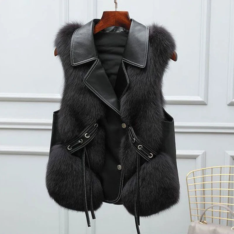 Oversized lapel winter gilet with adjustable waist tie detail for women | Empress