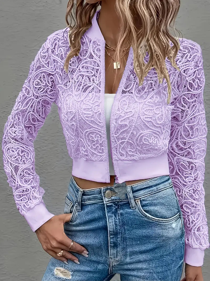 Cropped lace embroidered bomber jacket with ribbed trim for women | Elowen