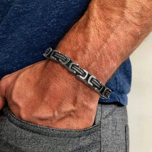 Forged chain cuff bracelet with woven link detail for men | Rogue