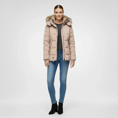 Hooded quilted puffer jacket with fitted silhouette design for women | Aurora
