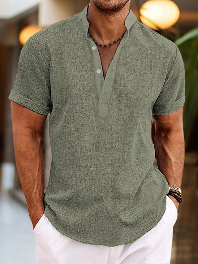 Breathable short-sleeve linen Henley shirt for men | Silas -9