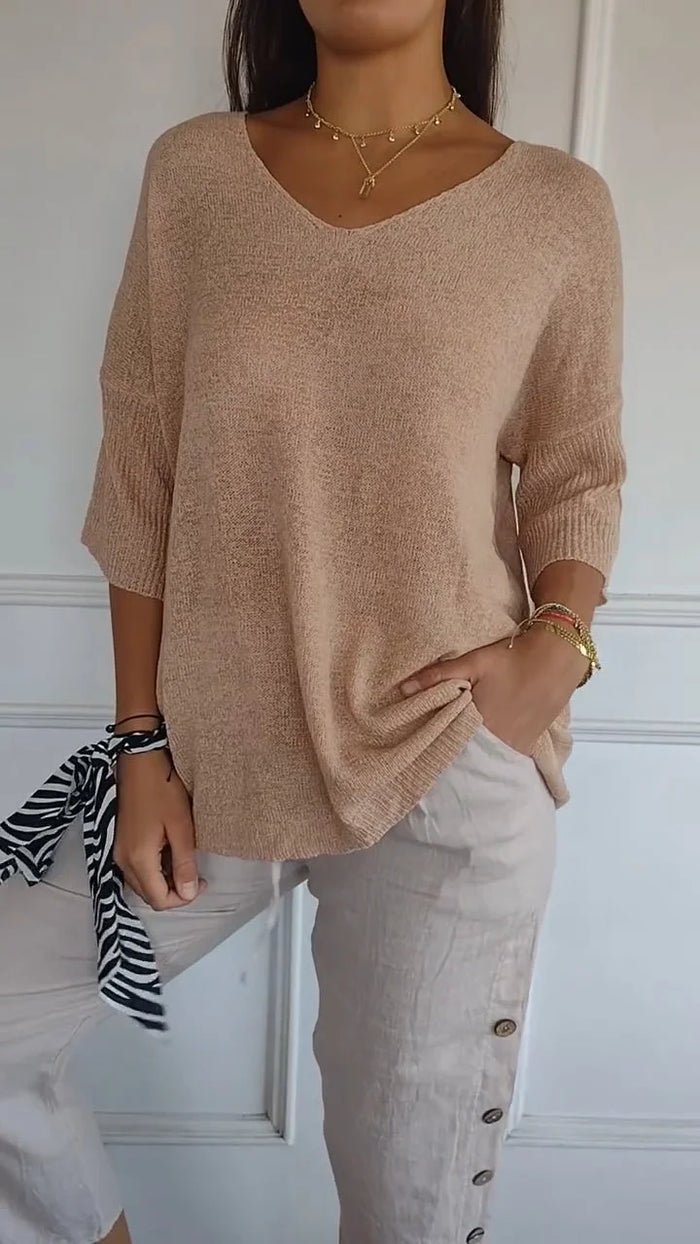 V-neck lightweight knit top with three-quarter sleeves for women | Maren