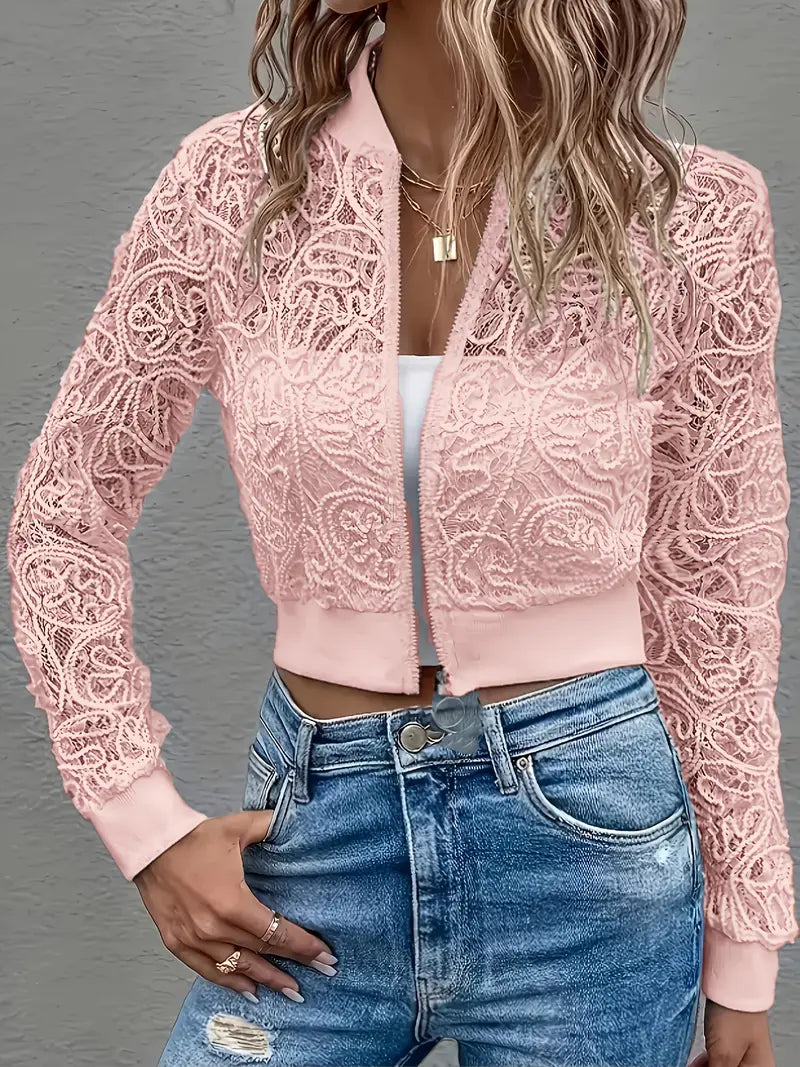 Cropped lace embroidered bomber jacket with ribbed trim for women | Elowen
